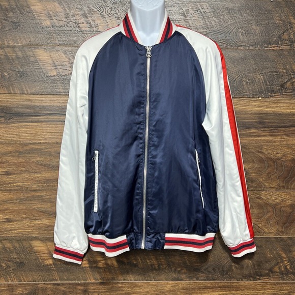 Zara Satin Varsity Bomber Jacket Mens Size XL Blue‎ Full Zip USA Theme